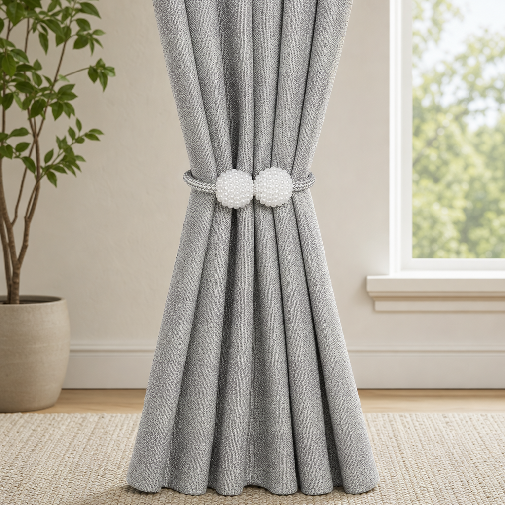 Magnetic Curtain Tiebacks — Rare-Earth Magnetic Holdbacks, Multiple Colors & Pack  centered in a warm neutral furnished room