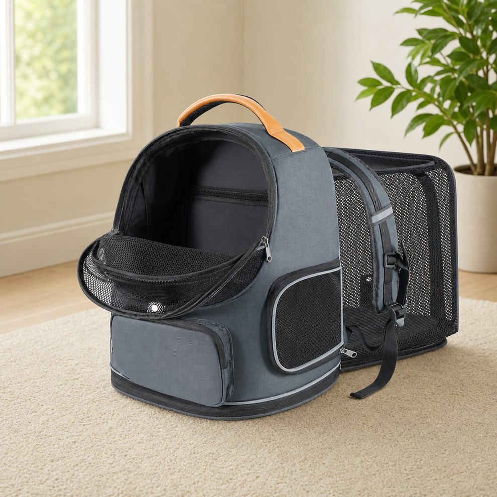 Pet Carrier Backpack for Cats & Small Dogs centered in a warm neutral furnished room