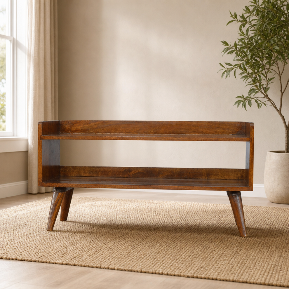 Shoe Storage Bench in Chestnut Solid Mango Wood with Nordic-Style Legs centered in a warm neutral furnished room