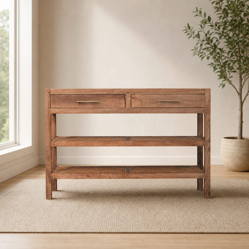 Saffron Rattan Console centered in a warm neutral furnished room
