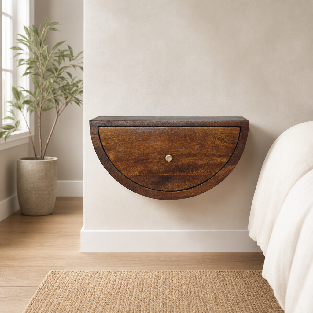 Floating Nightstand, Crescent Shape, Chestnut Finish, Solid Mango Wood centered in a warm neutral furnished room