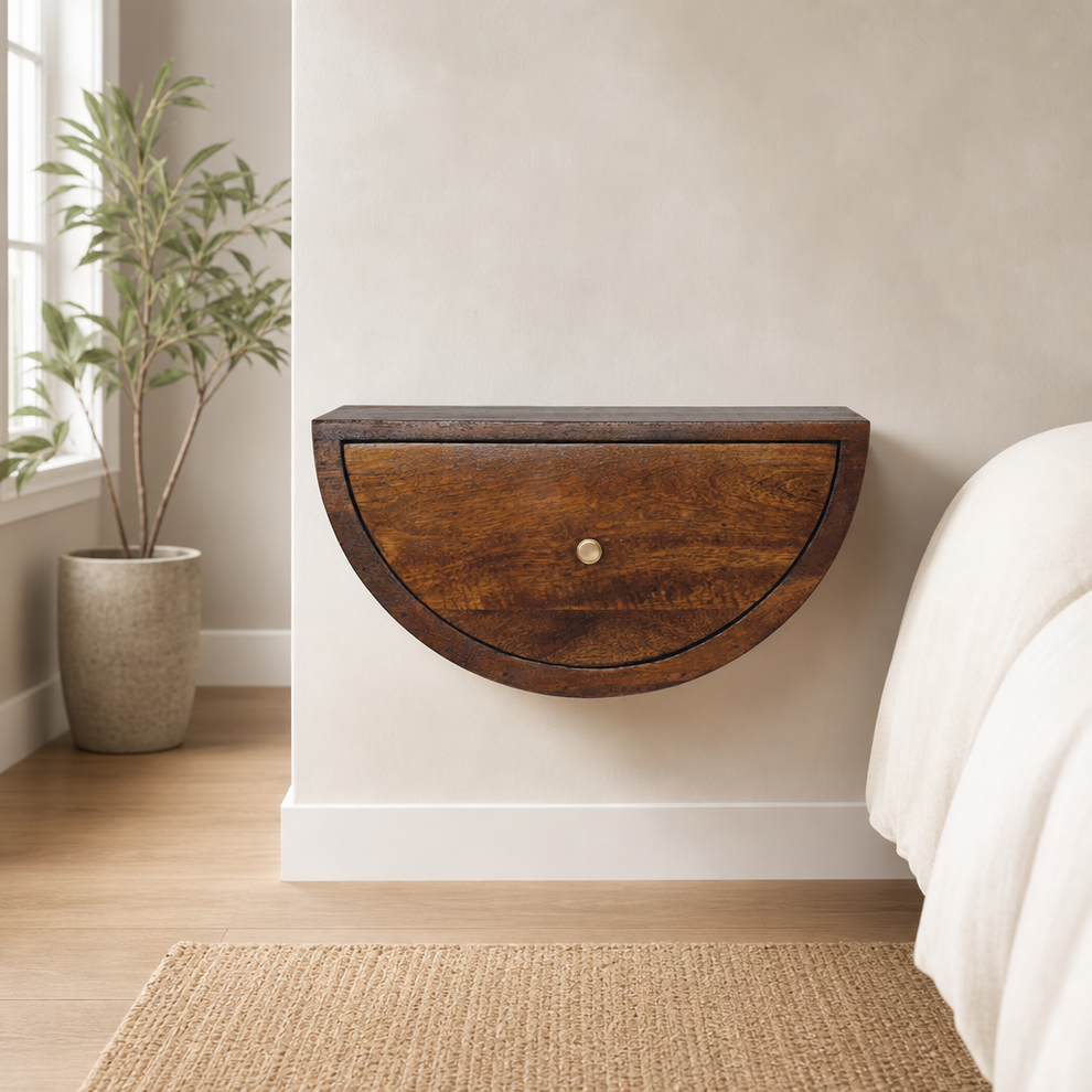 Floating Nightstand, Crescent Shape, Chestnut Finish, Solid Mango Wood centered in a warm neutral furnished room