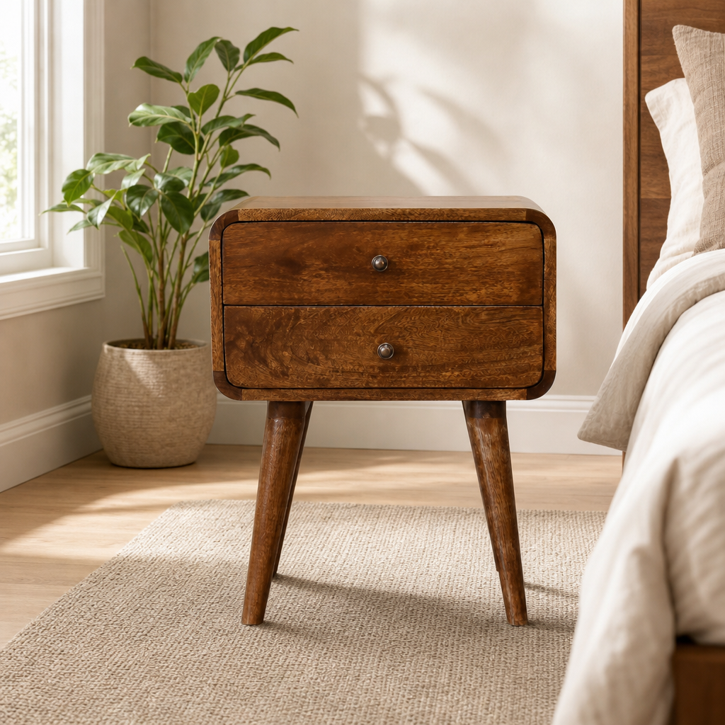 Curved Chestnut Mango Wood Nightstand with Two Drawers centered in a warm neutral furnished room