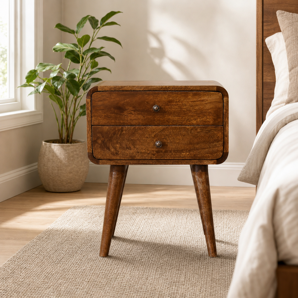 Curved Chestnut Mango Wood Nightstand with Two Drawers centered in a warm neutral furnished room