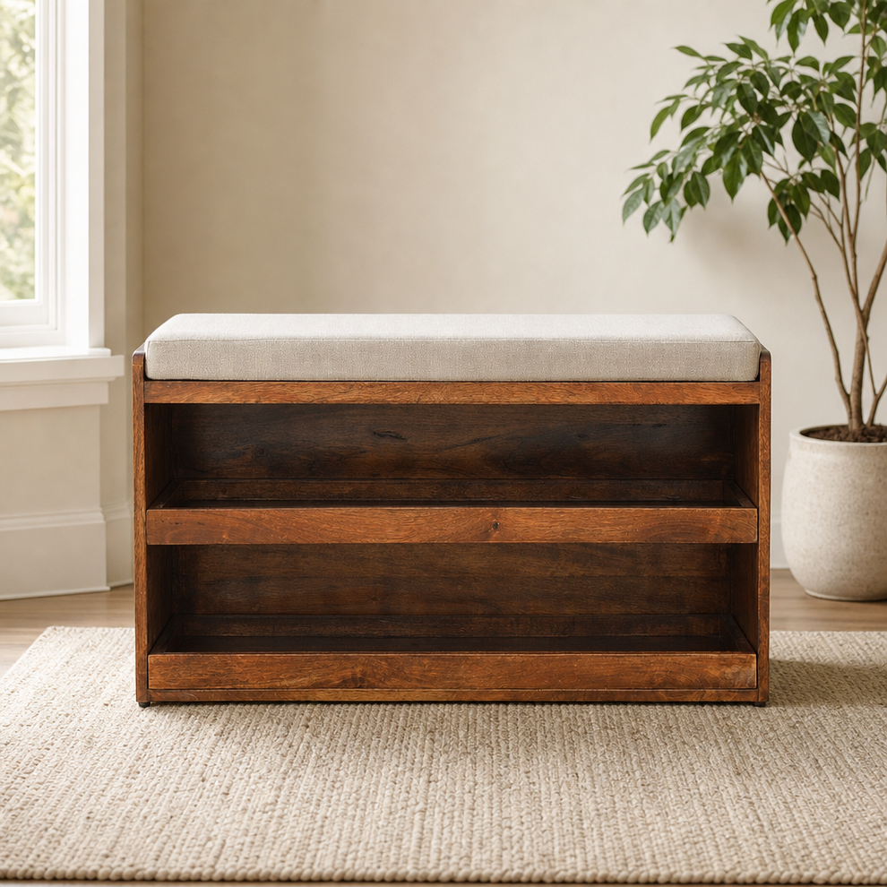 Shoe Storage Bench with Two Drawers and Mud Linen Top centered in a warm neutral furnished room