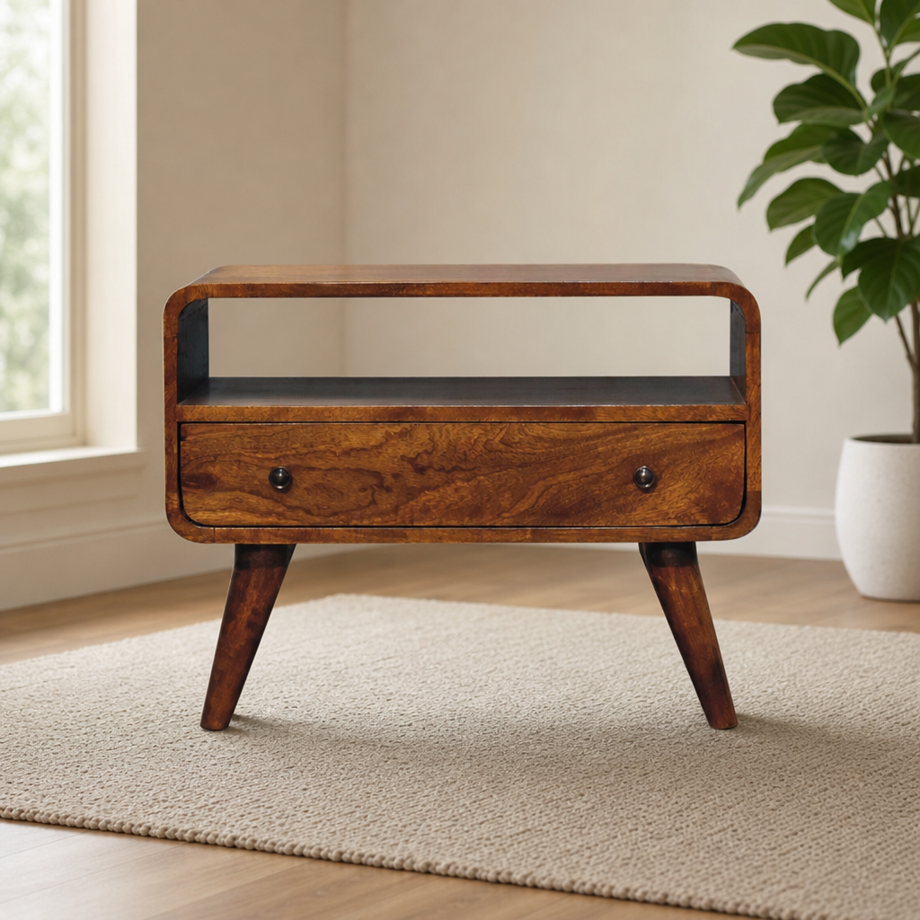 Mini Chestnut Curved Media Unit centered in a warm neutral furnished room