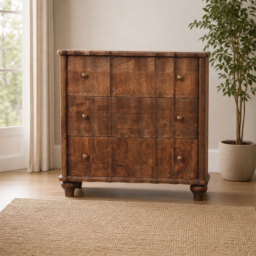Lume Roasted Panel Chest centered in a warm neutral furnished room