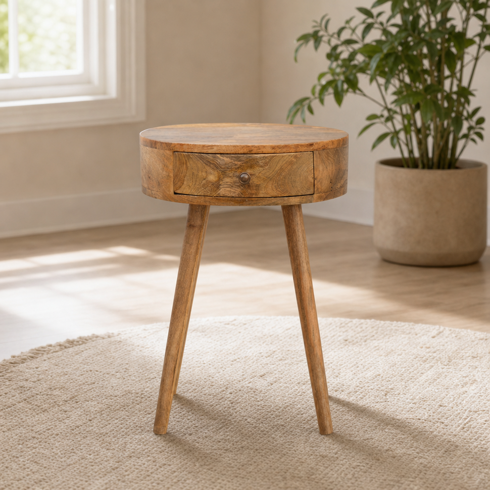 Circular Mango Wood Nightstand with Knob, Oak Finish centered in a warm neutral furnished room