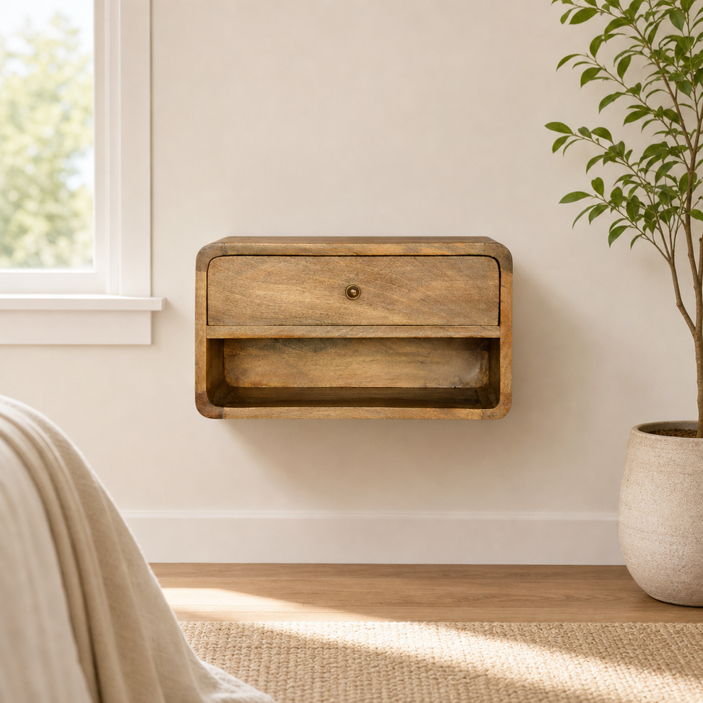 Wall-Mounted Mango Wood Nightstand with Drawer and Open Shelf centered in a warm neutral furnished room