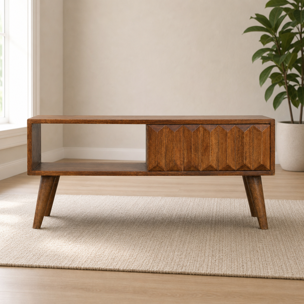 Chestnut Prism Sliding Media Unit centered in a warm neutral furnished room