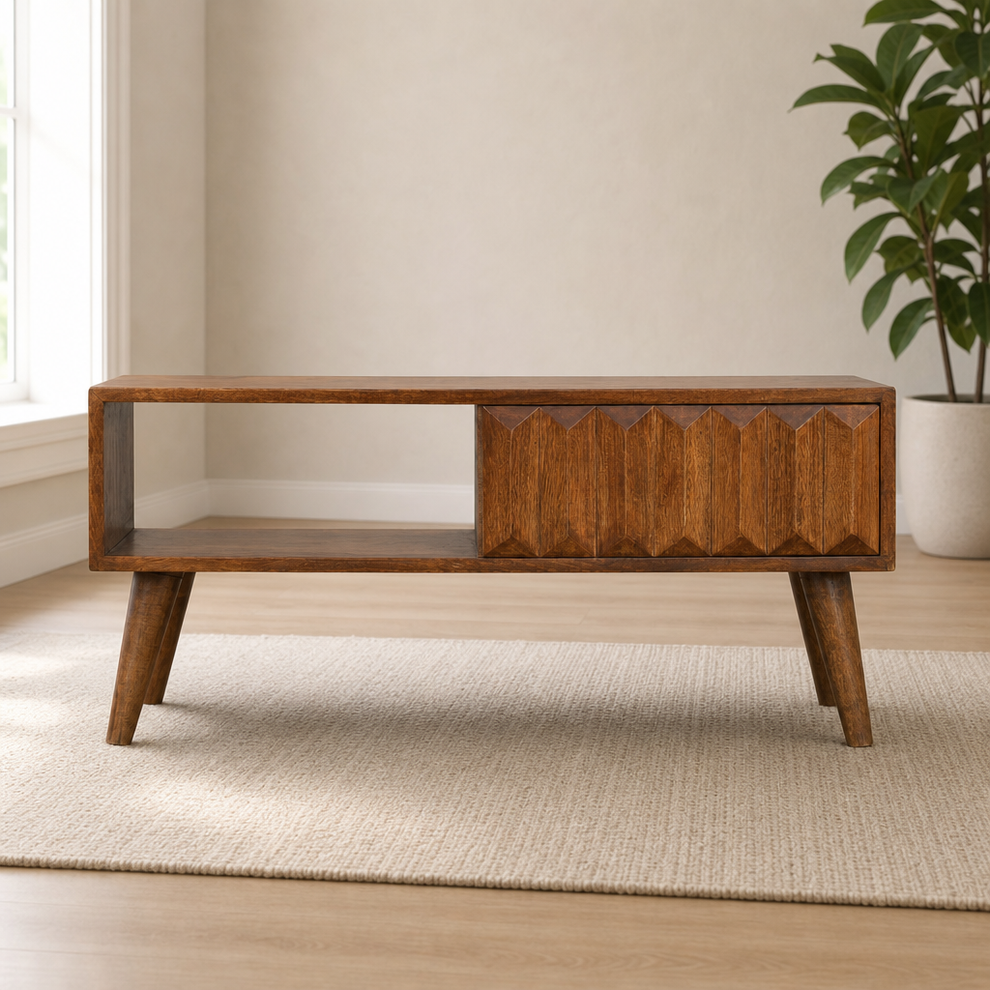 Chestnut Prism Sliding Media Unit centered in a warm neutral furnished room