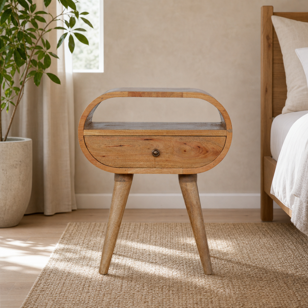 Circular Open-Slot Mango Wood Nightstand centered in a warm neutral furnished room