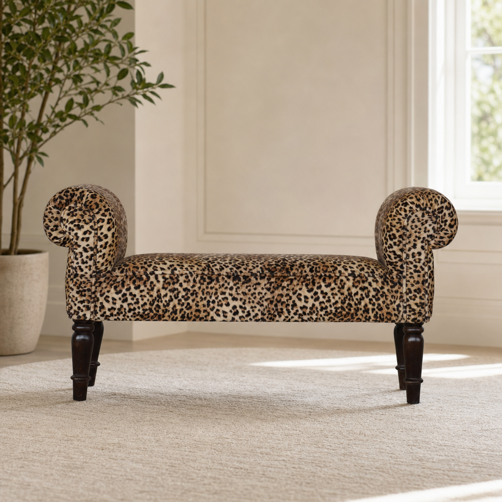 Leopard Print Velvet Bench centered in a warm neutral furnished room
