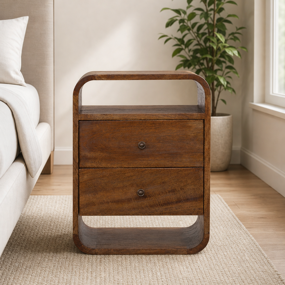 Solid Mango Wood 2-Drawer Nightstand with Open Storage centered in a warm neutral furnished room