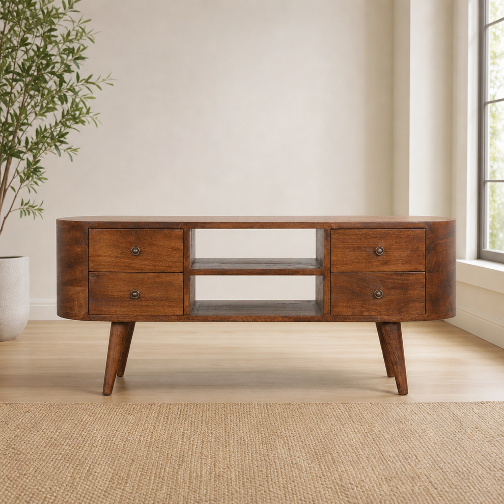 Chestnut Rounded Entertainment Unit centered in a warm neutral furnished room