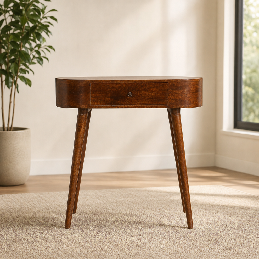 Albion Chestnut Console centered in a warm neutral furnished room