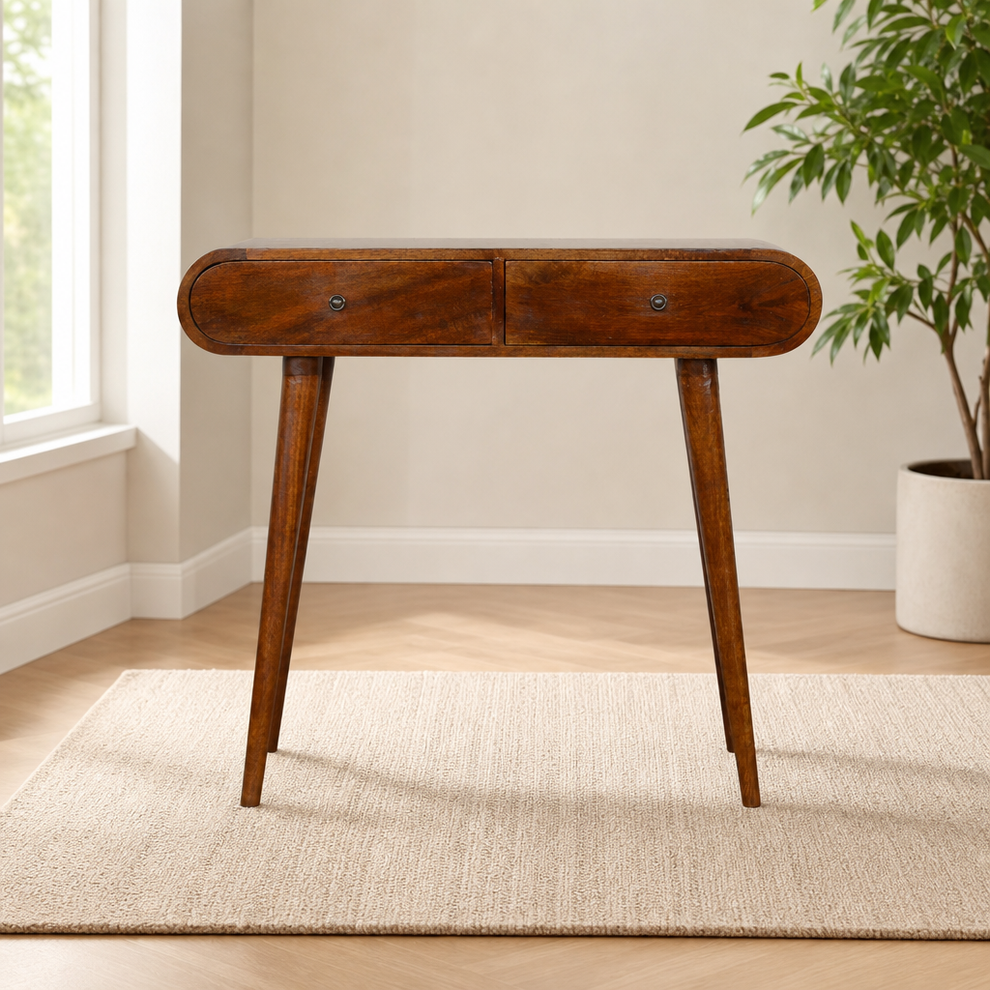 Chestnut Solid Mango Wood Console Table with 2 Drawers centered in a warm neutral furnished room