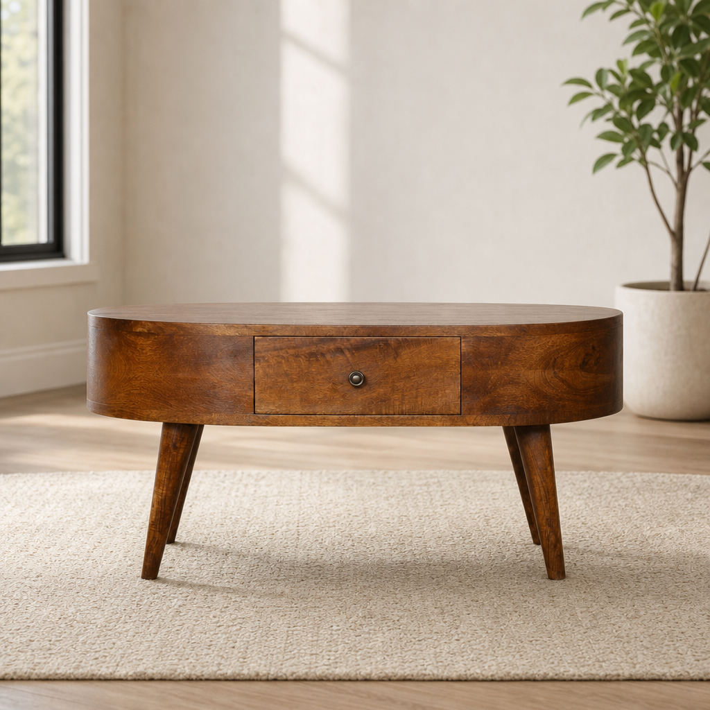 Chestnut Rounded Coffee Table with Two Drawers in Solid Mango Wood centered in a warm neutral furnished room
