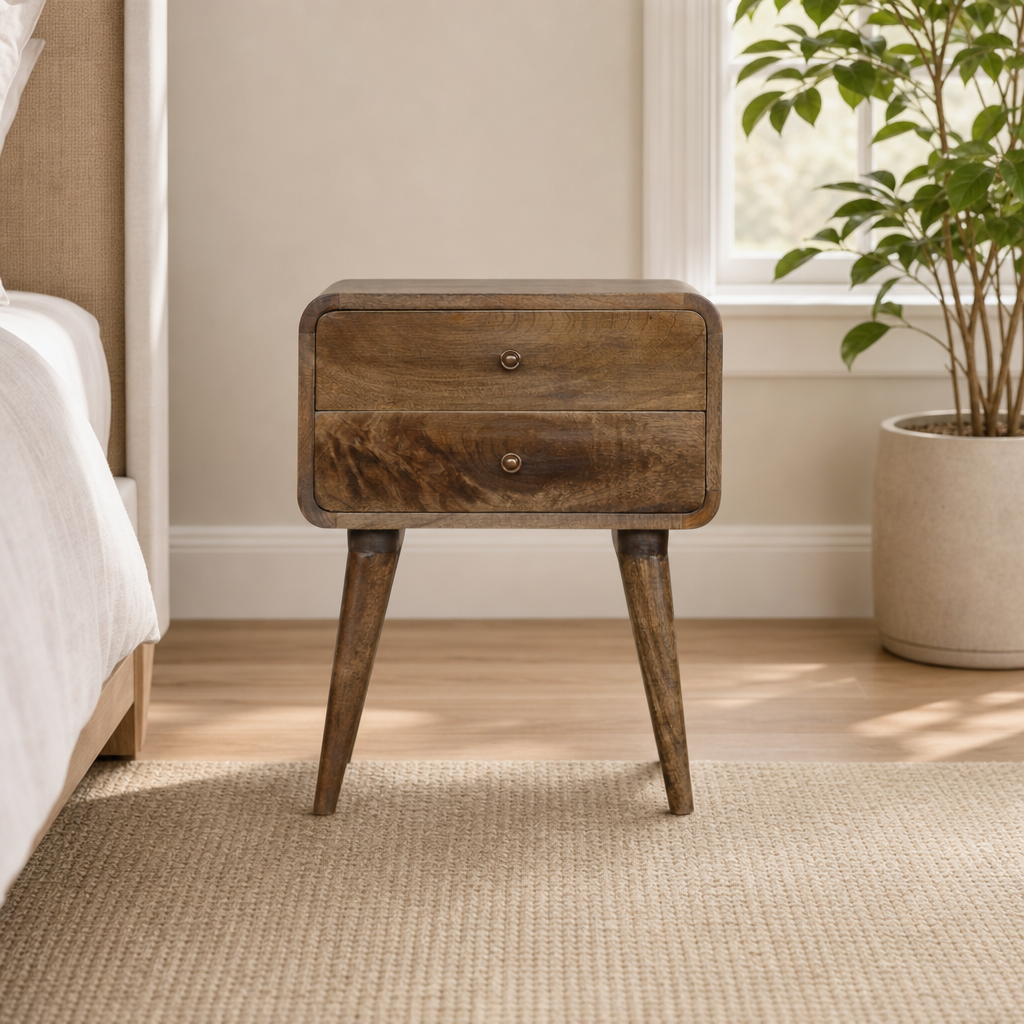 Curved Grey Washed Solid Mango Wood Nightstand centered in a warm neutral furnished room