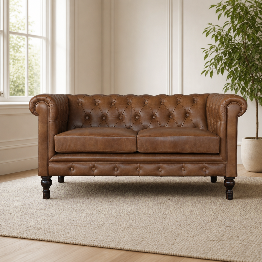 Buffalo Leather Chesterfield centered in a warm neutral furnished room
