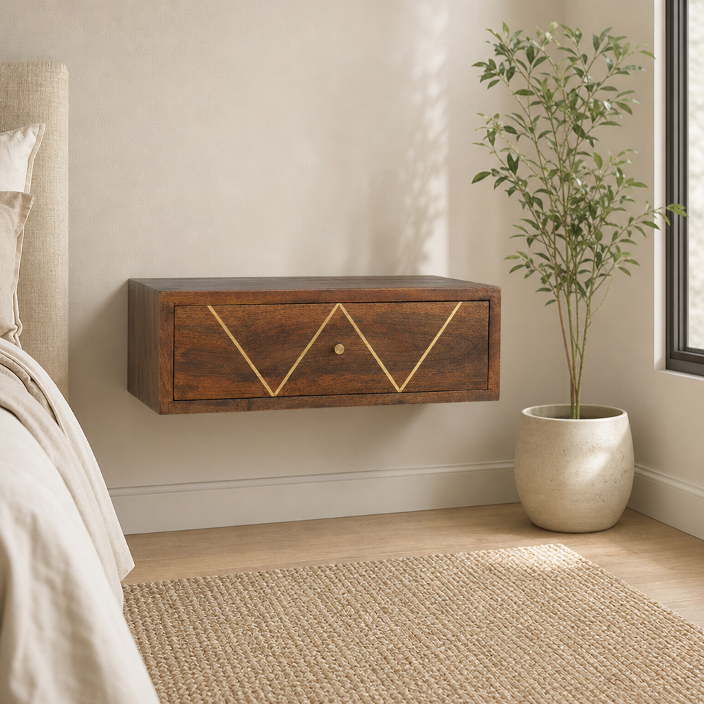 Wall-Mounted Mango Wood Nightstand with Brass Inlay Drawer centered in a warm neutral furnished room