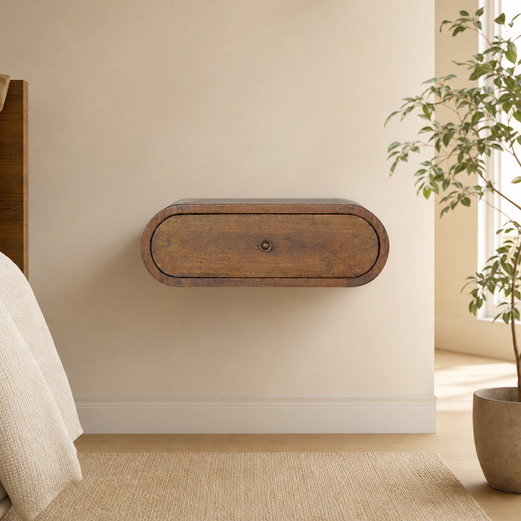 Round Wall-Mounted Mango Wood Nightstand with Drawer, Chestnut Finish centered in a warm neutral furnished room
