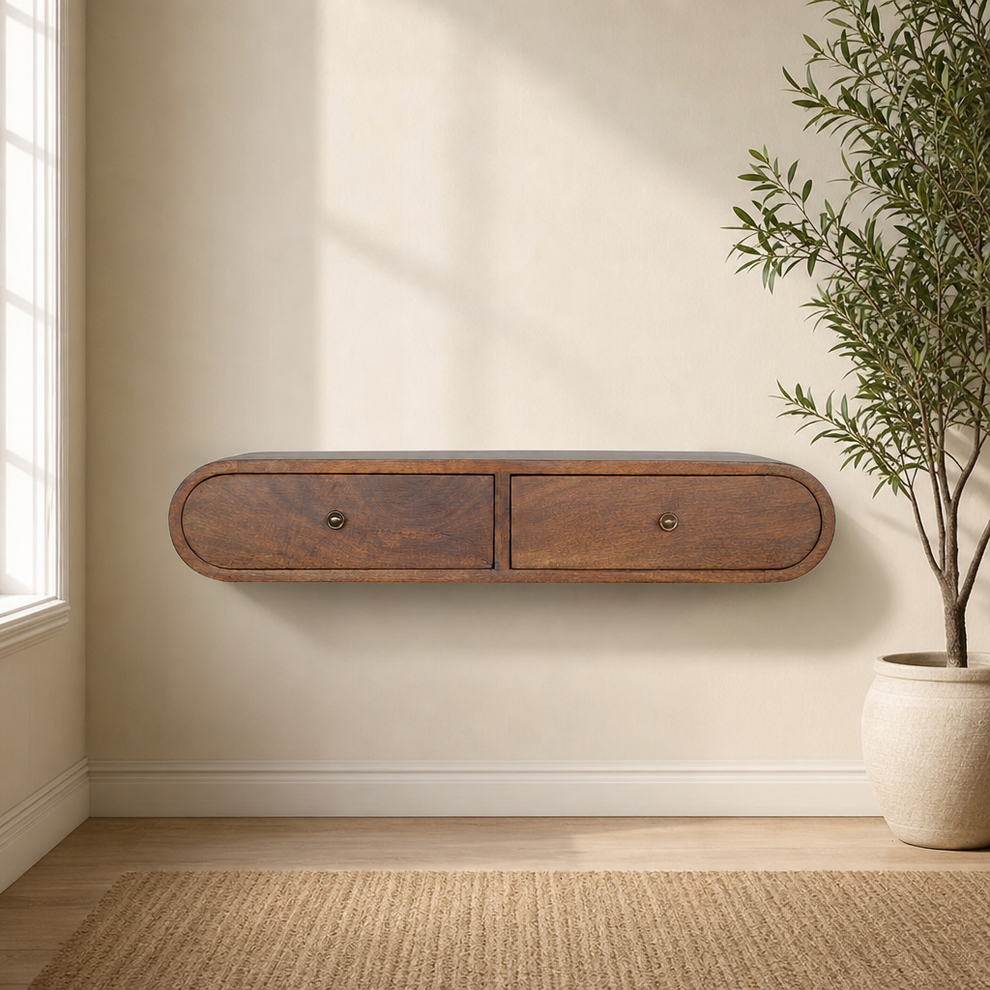 Floating Chestnut London Console centered in a warm neutral furnished room