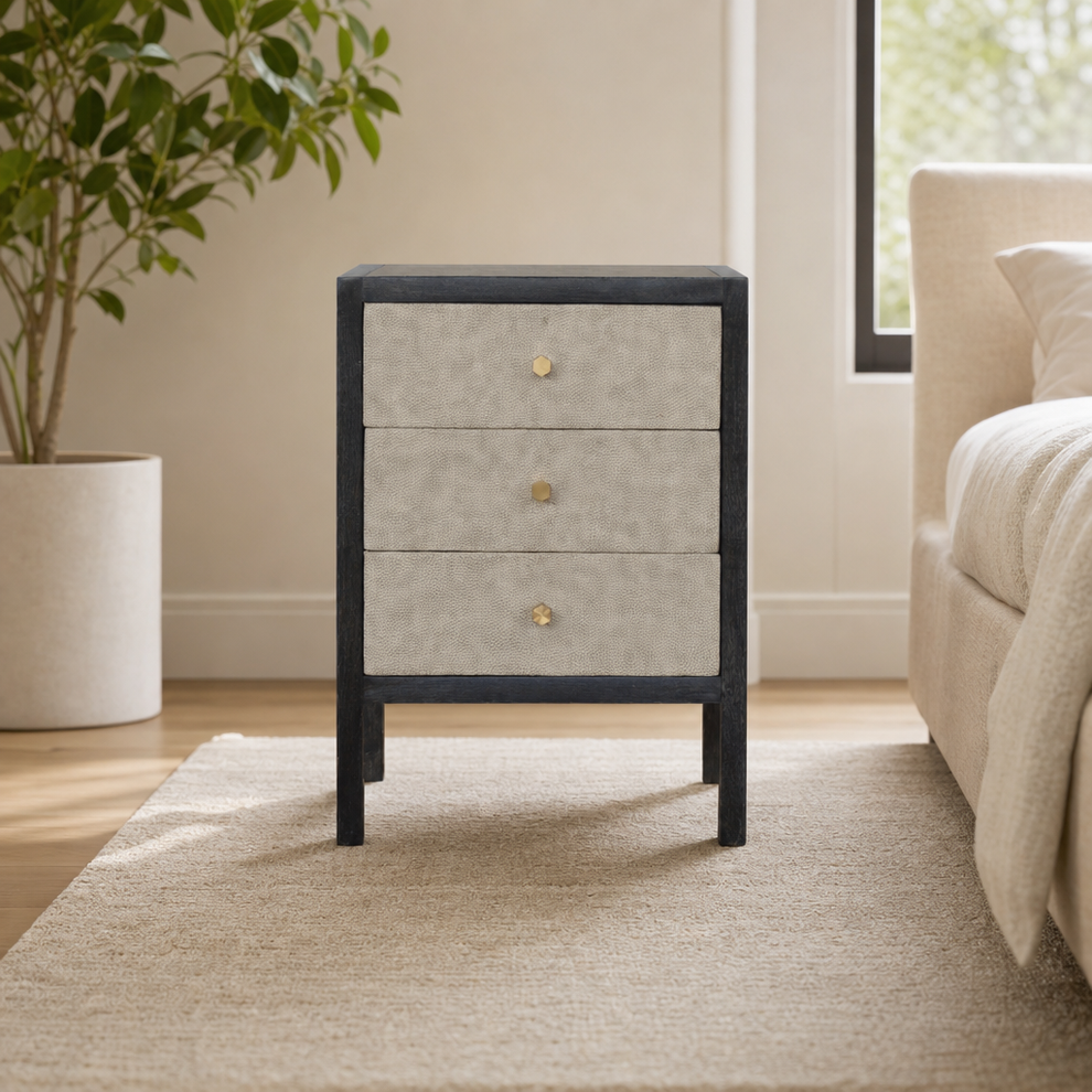 Faux Leather Nightstand with Ash Black Wooden Frame centered in a warm neutral furnished room