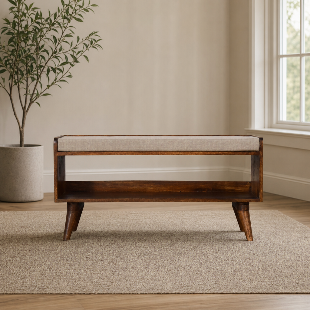 Shoe Storage Bench, Solid Mango Wood, Chestnut Finish, Mud Linen Seat centered in a warm neutral furnished room