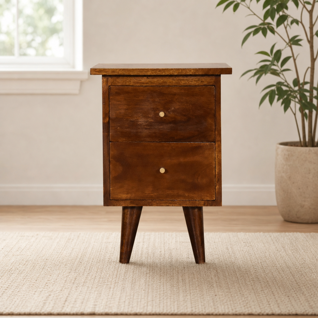 Chestnut Slimline Bedside centered in a warm neutral furnished room