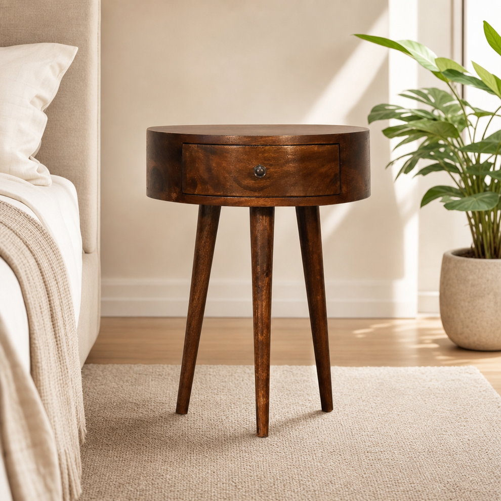 Chestnut Semi-Circle Mango Wood Nightstand centered in a warm neutral furnished room