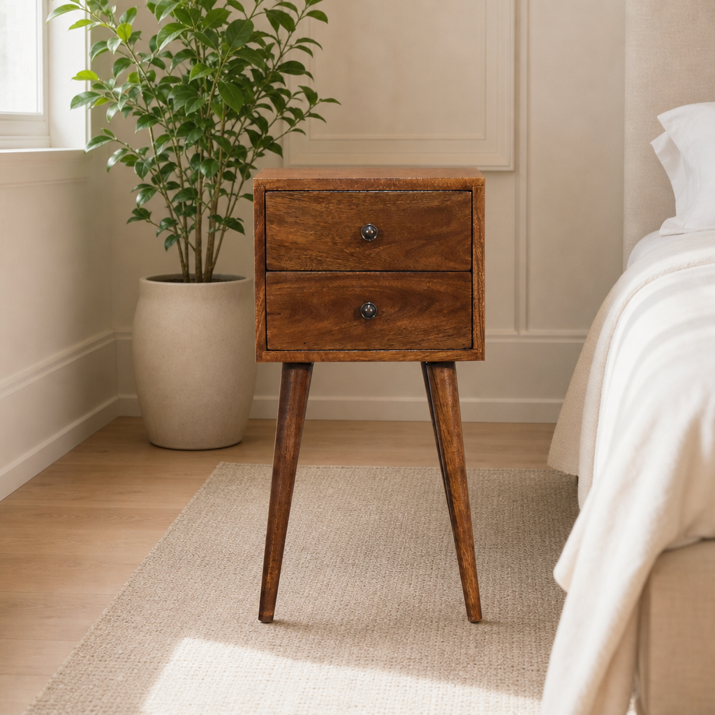 2-Drawer Chestnut Mango Wood Nightstand centered in a warm neutral furnished room