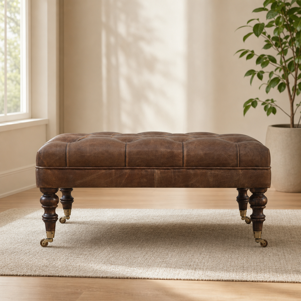 Buffalo Leather Ottoman with Solid Mango Wood and Buttoned Top centered in a warm neutral furnished room