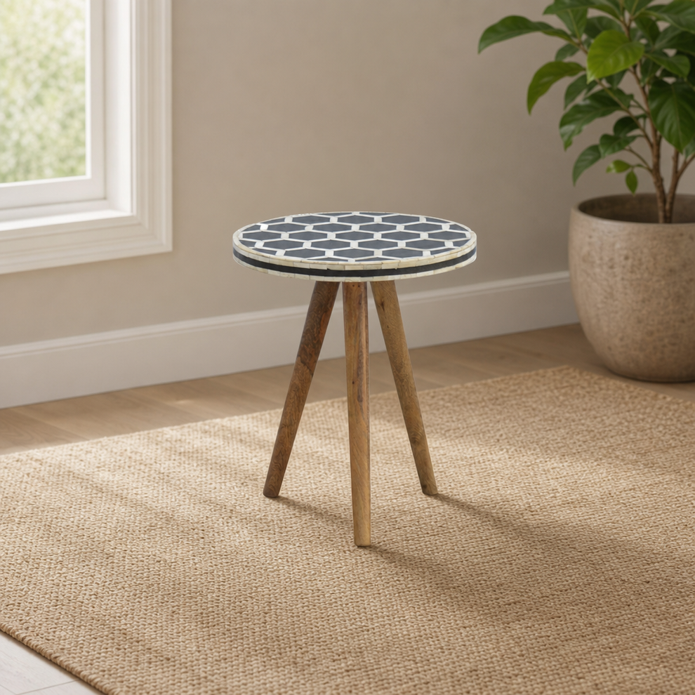Bone Inlay Tripod Stool centered in a warm neutral furnished room