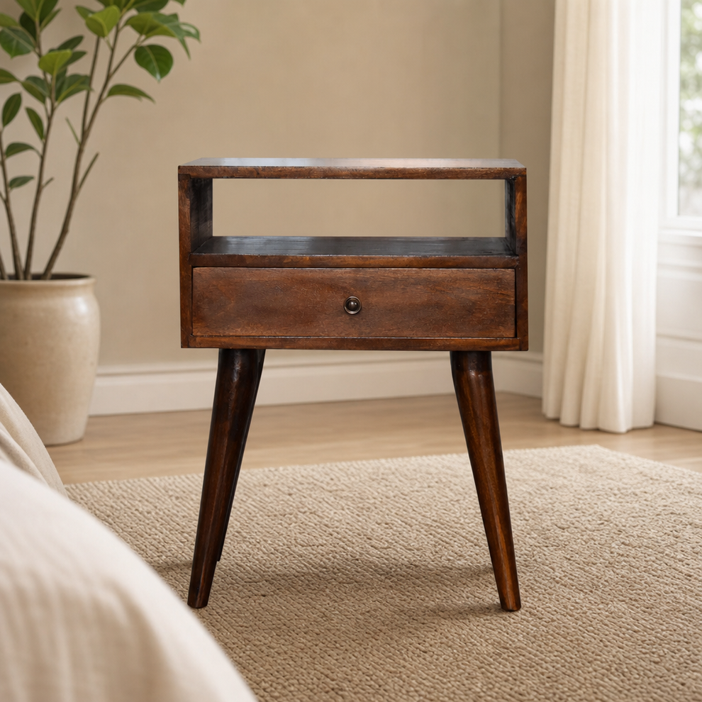 Nightstand, Chestnut Solid Mango Wood with Drawer and Open Shelf centered in a warm neutral furnished room