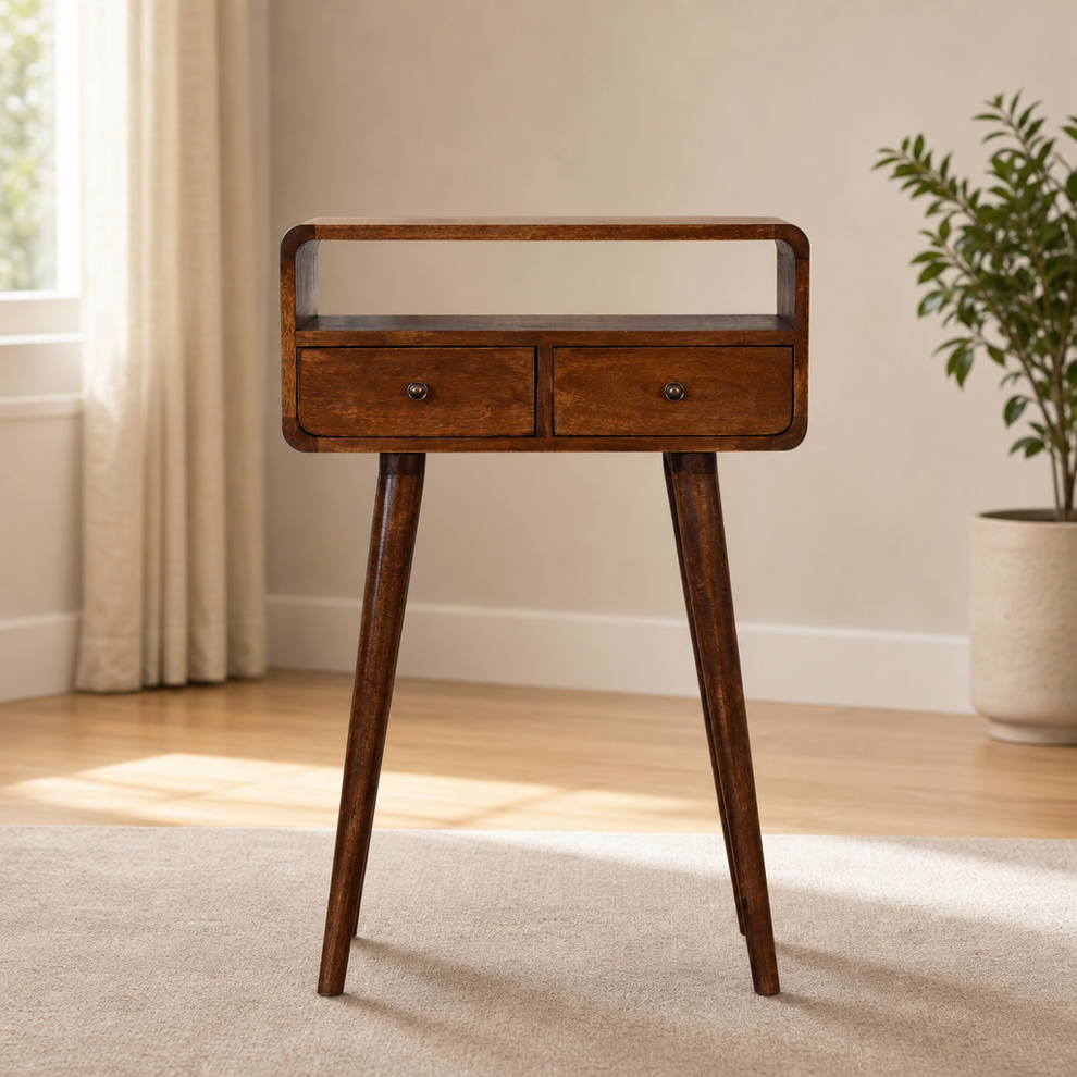 Mini Console Table with Chestnut Finish, Two Drawers and Open Slot centered in a warm neutral furnished room