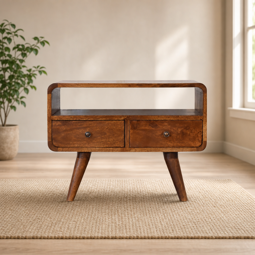 Mini Chestnut Curved Media Unit with 2 Drawers centered in a warm neutral furnished room