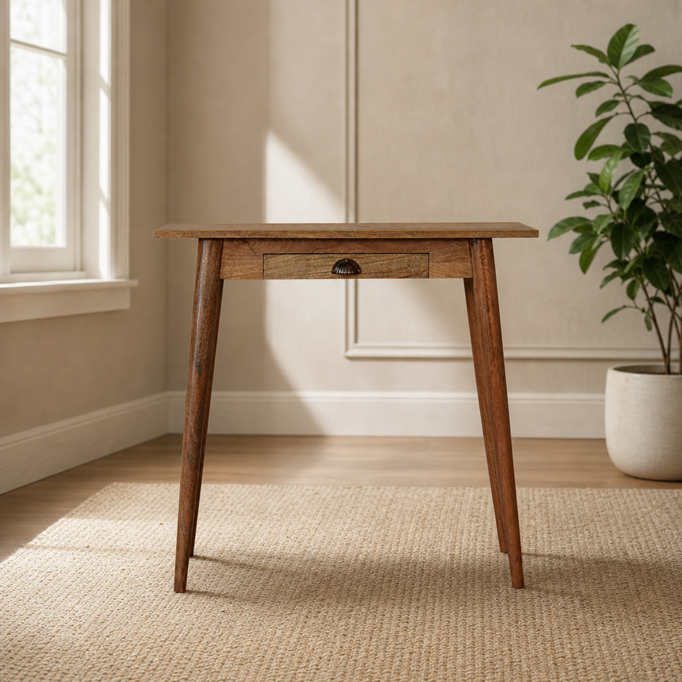 Mini Writing Desk in Solid Mango Wood with Drawer centered in a warm neutral furnished room
