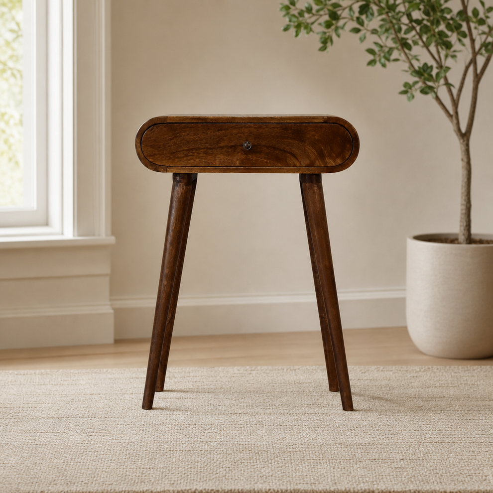 Mini Round Chestnut Console centered in a warm neutral furnished room
