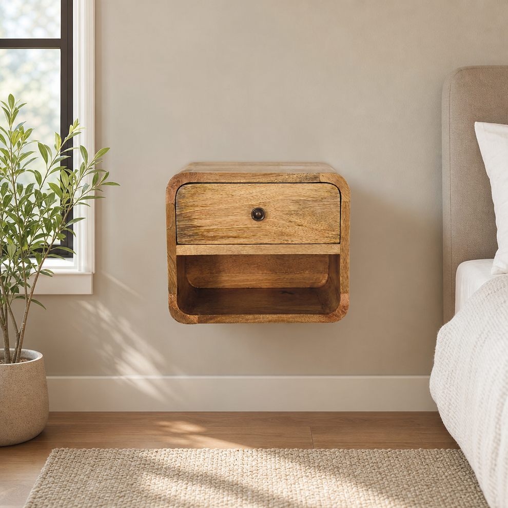 Mini Wall-Mounted Nightstand with Drawer and Open Slot, Oak-Ish Finish centered in a warm neutral furnished room
