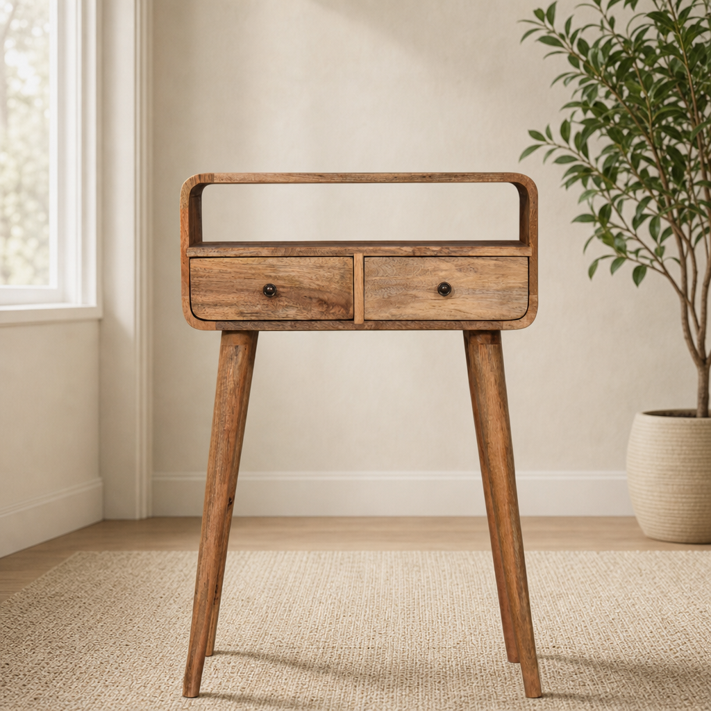Mini Curved Console Table centered in a warm neutral furnished room