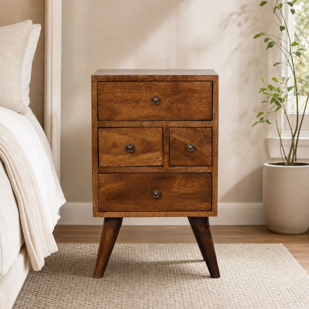 4-Drawer Chestnut Nightstand in Solid Mango Wood centered in a warm neutral furnished room