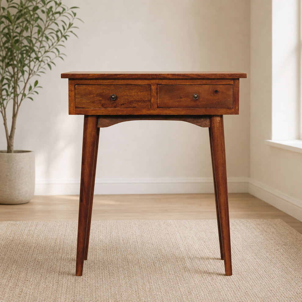 Mini Chestnut Hallway Console centered in a warm neutral furnished room
