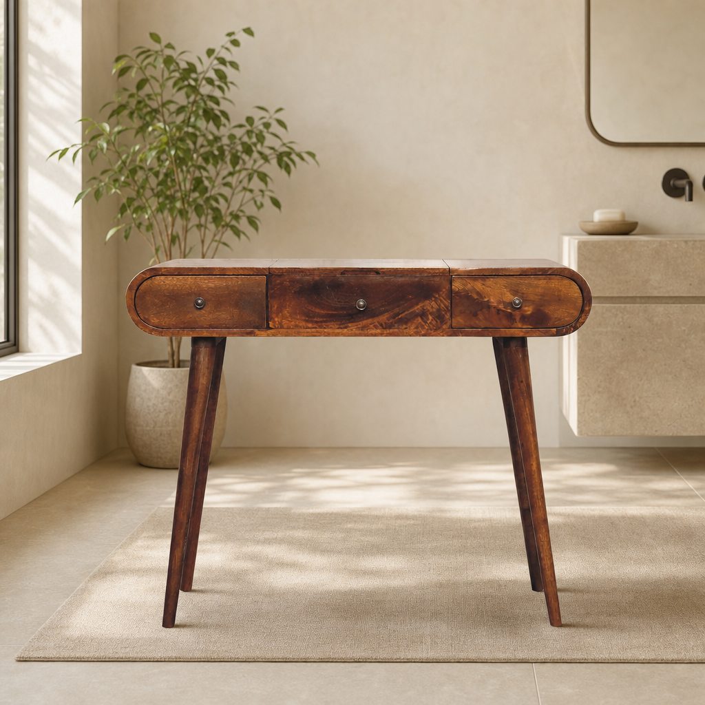 Chestnut Mango Wood Dressing Table with Foldable Mirror and 3 Drawers centered in a warm neutral furnished room