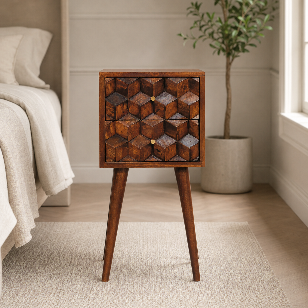 Chestnut Cube-Carved 2-Drawer Nightstand centered in a warm neutral furnished room
