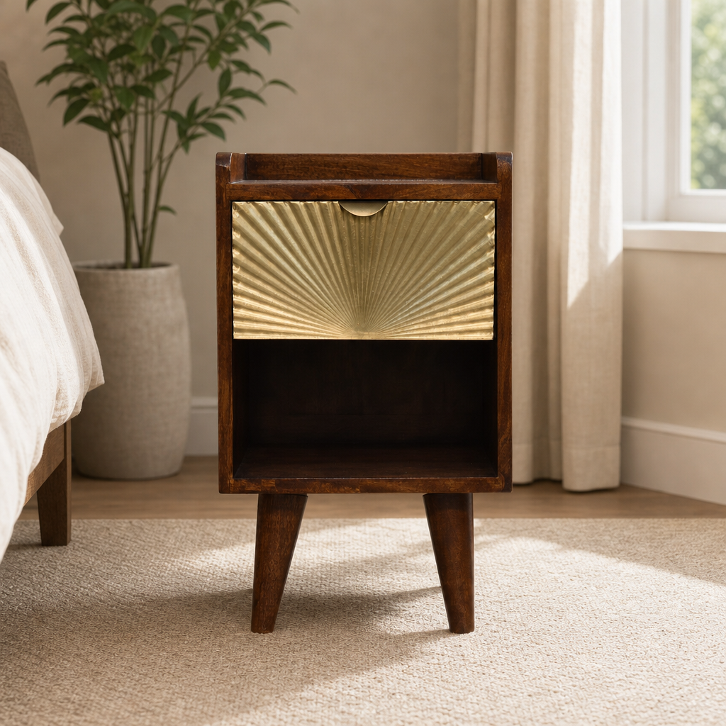 Mini Chestnut Nightstand with Brass-Plated Sun-Rise Drawer Front centered in a warm neutral furnished room