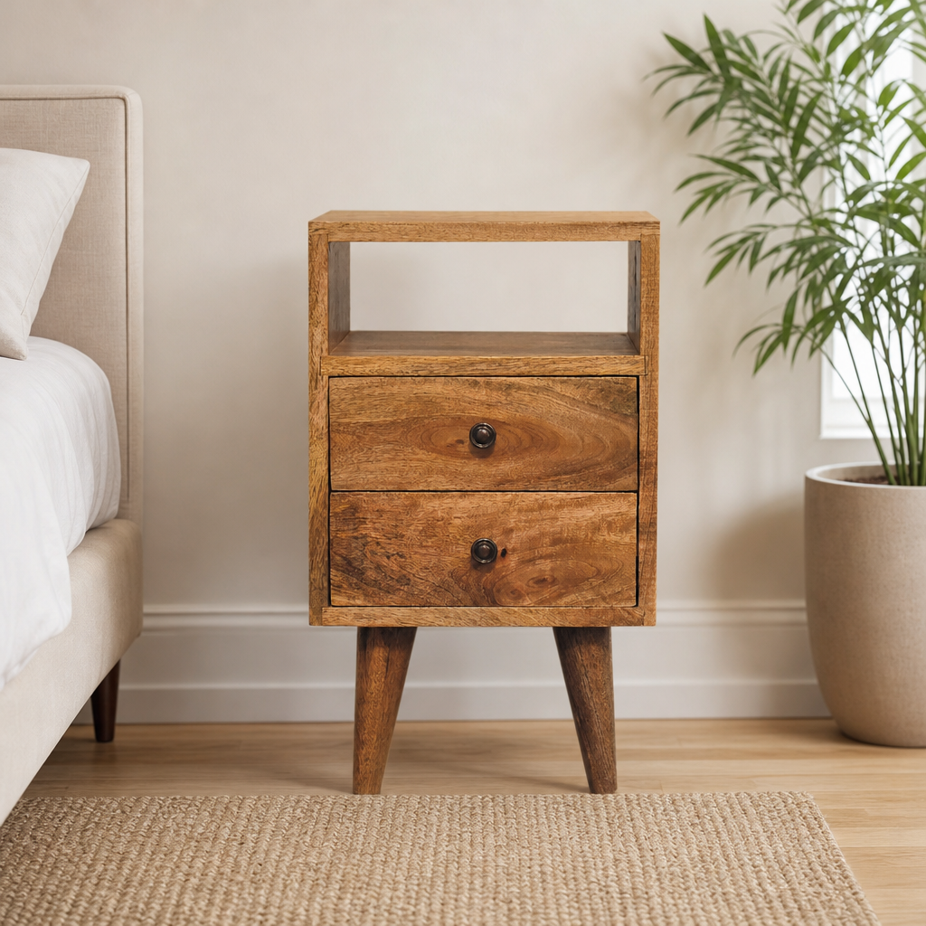 Mini Classic Mango Wood Nightstand with Open Slot and Two Drawers centered in a warm neutral furnished room