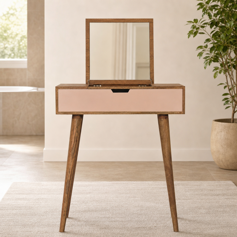 Petite Dressing Table with Foldable Mirror and Blush Pink Drawer centered in a warm neutral furnished room