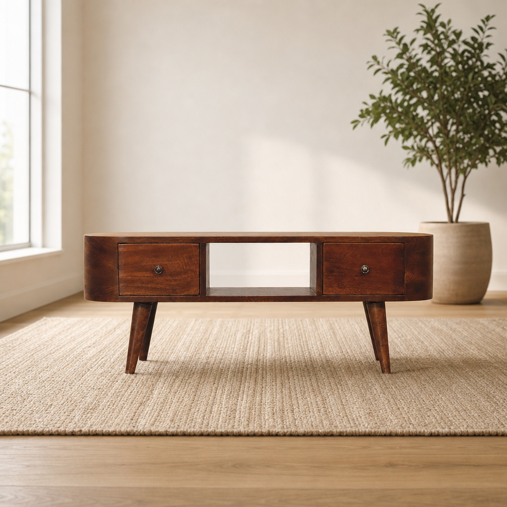 Chestnut Round Open Media Unit centered in a warm neutral furnished room