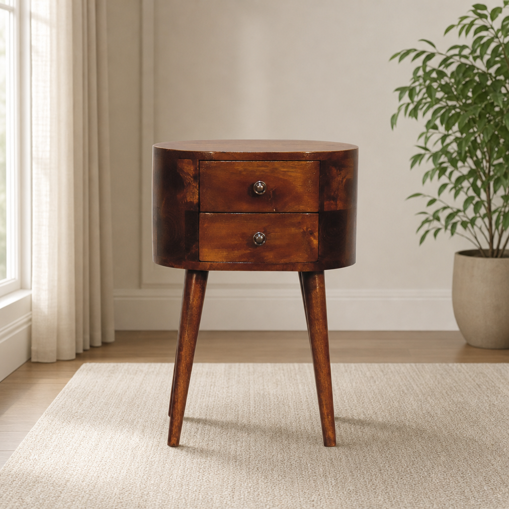 Mini Chestnut Mango Wood Nightstand with Rounded Edges centered in a warm neutral furnished room
